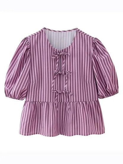 Purple striped puff sleeve lace-up top, front view