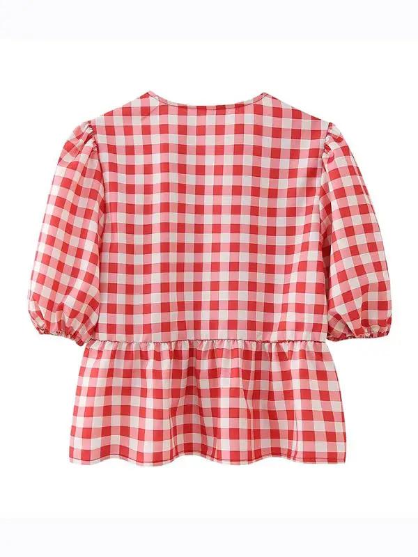 Red checkered puff sleeve lace-up top, back view