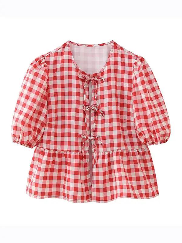 Red checkered puff sleeve lace-up top, front view
