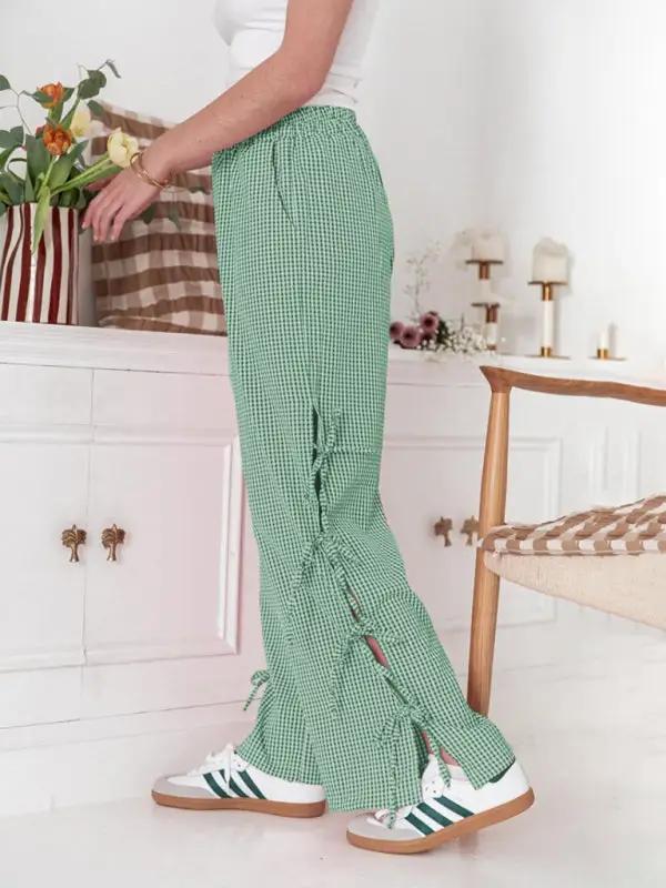 Green plaid strappy casual trousers for women