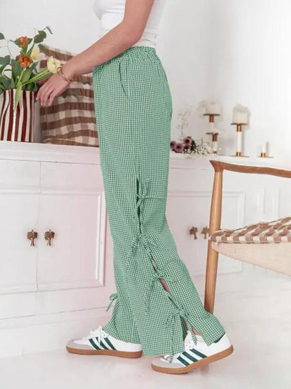 Green plaid strappy casual trousers for women