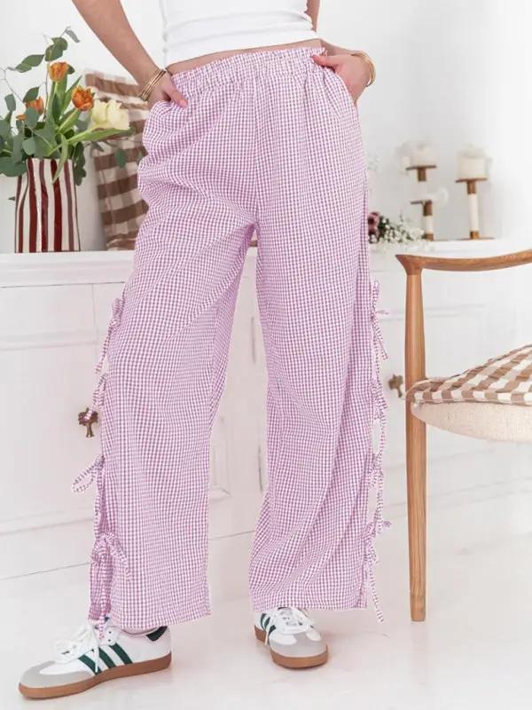 Purple plaid trousers with side ties