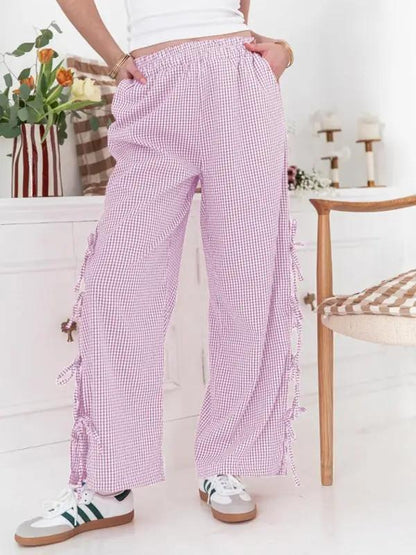 Purple plaid trousers with side ties