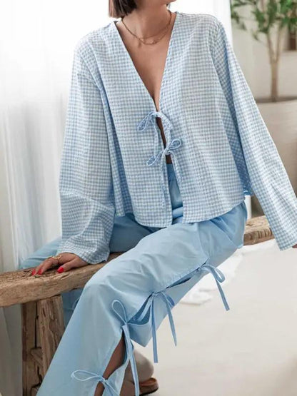Blue plaid top and strappy trousers set