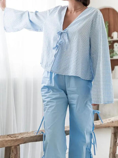 Blue plaid top with matching strappy trousers