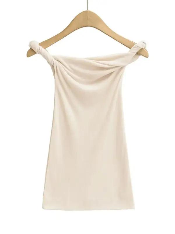 Beige twisting one-line collar slim T-shirt on hanger