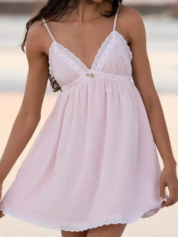 Pink lace V-neck suspender dress on model