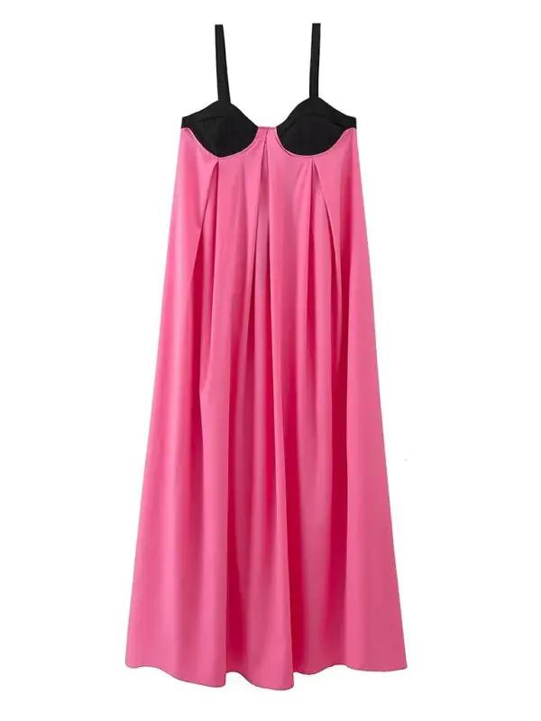 Front view of pink and black spliced backless dress