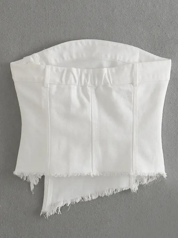 White irregular tube top with frayed edges, front view