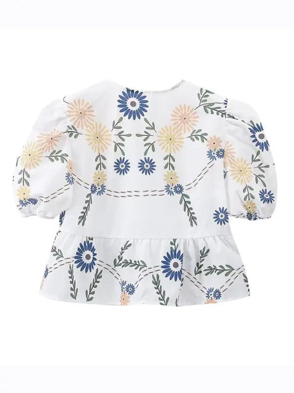 Floral print V-neck short-sleeved blouse back view