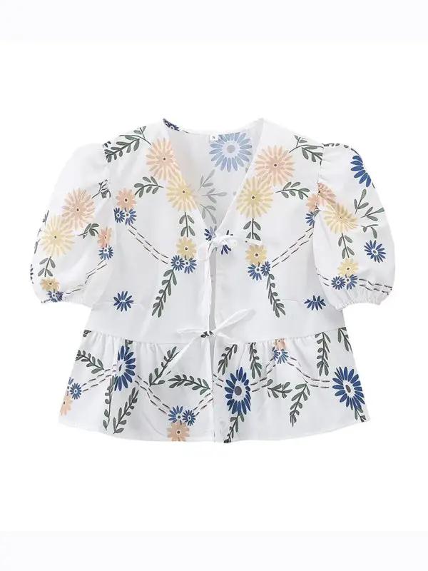 Floral print V-neck short-sleeved blouse front view