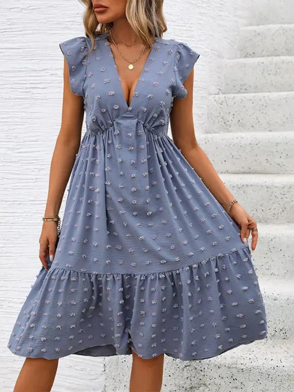 Blue ruffle sleeve jacquard dress front view