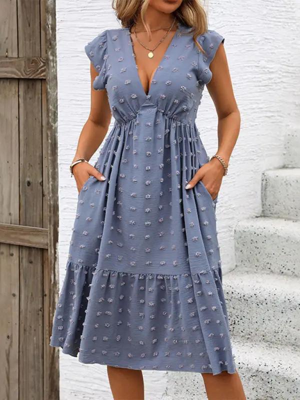 Blue jacquard dress with ruffle sleeves and pockets