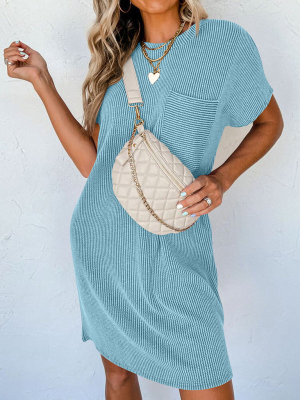 Casual contrasting wavy striped short-sleeved pocket dress