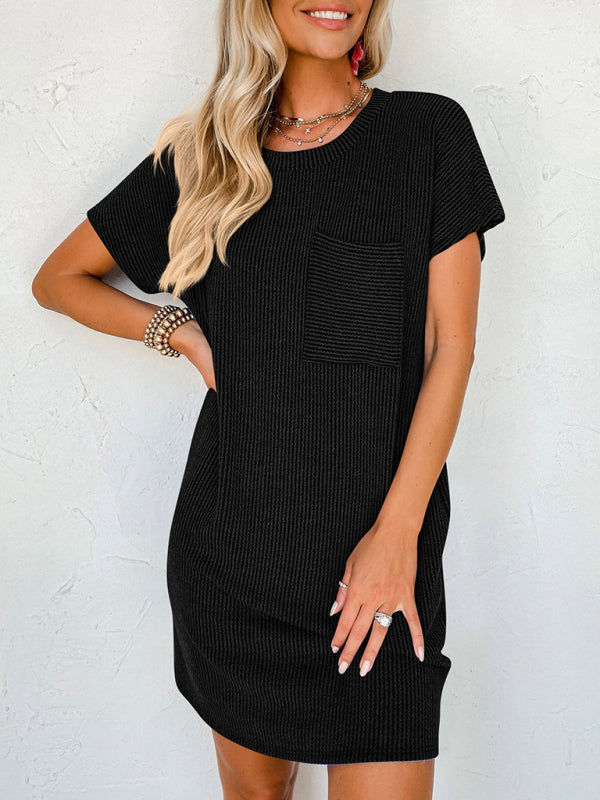 Casual contrasting wavy striped short-sleeved pocket dress