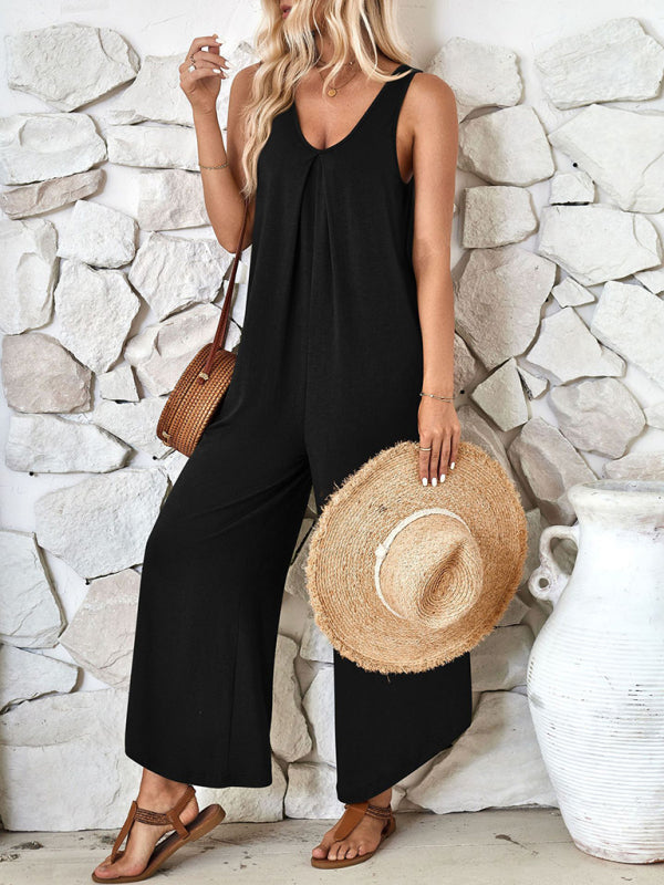 Casual sleeveless V-neck wide-leg jumpsuit with pockets