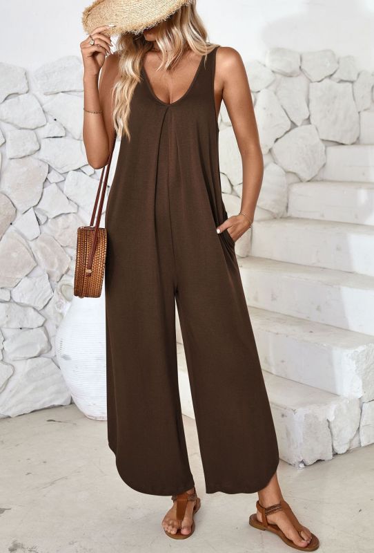 Lässiger ärmelloser Jumpsuit mit V-Ausschnitt und weitem Bein und Taschen 