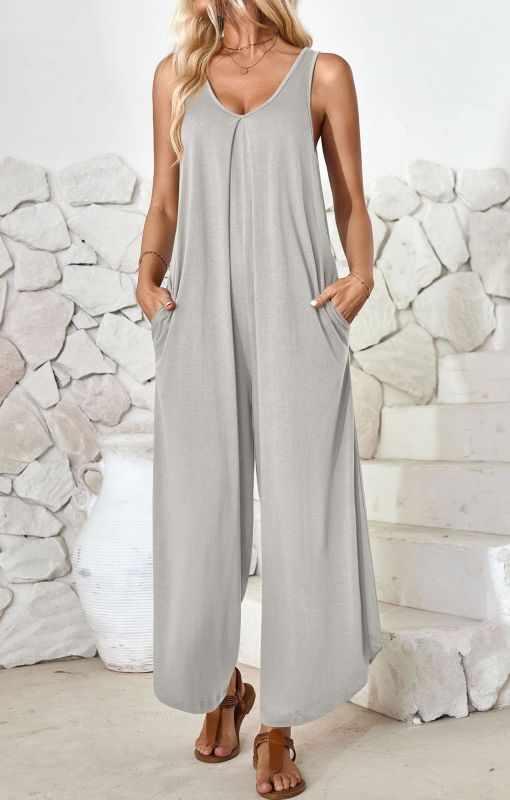 Casual sleeveless V-neck wide-leg jumpsuit with pockets