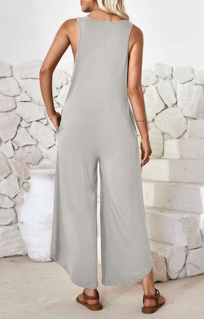 Lässiger ärmelloser Jumpsuit mit V-Ausschnitt und weitem Bein und Taschen 