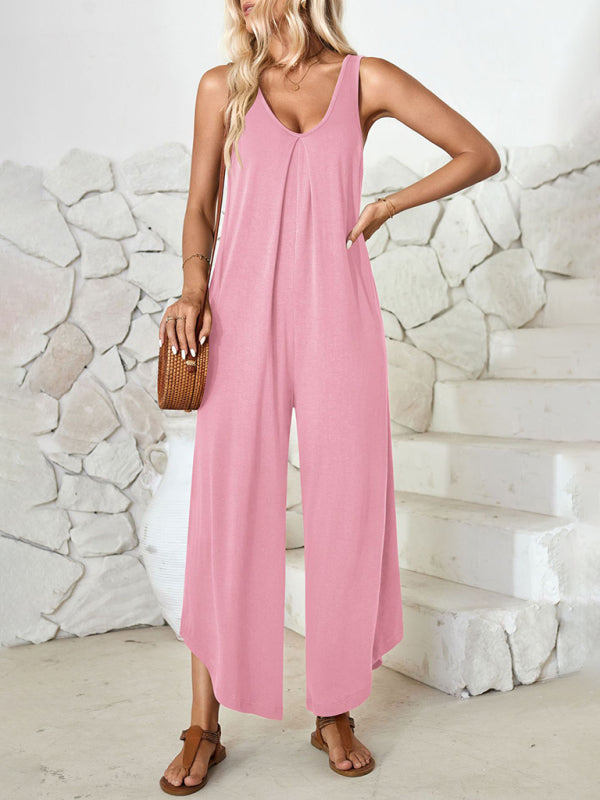 Casual sleeveless V-neck wide-leg jumpsuit with pockets