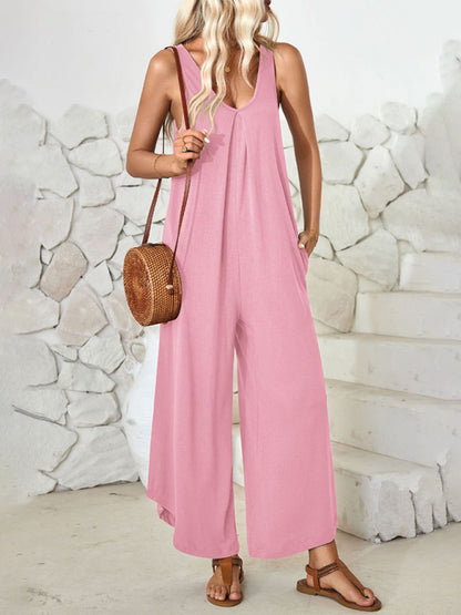 Casual sleeveless V-neck wide-leg jumpsuit with pockets