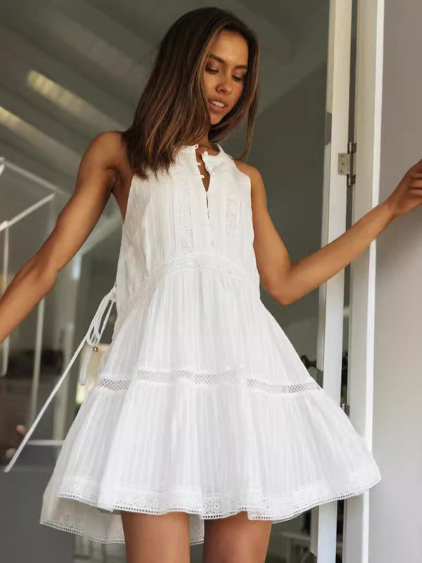 Damen Urlaubsrock Spitzennähte Stehkragen Knopfleiste Tellerrock Kleid