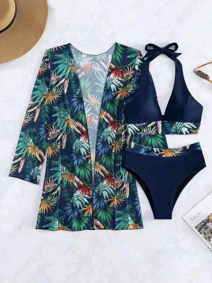 New sexy bikini push-up split printed mesh three-piece set