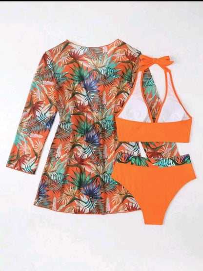 New sexy bikini push-up split printed mesh three-piece set