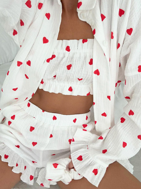 Sexy tube top and love printed home wear pajamas three-piece set