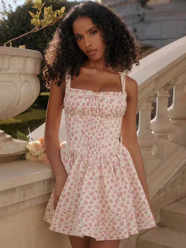New sexy and elegant floral print suspender waist dress