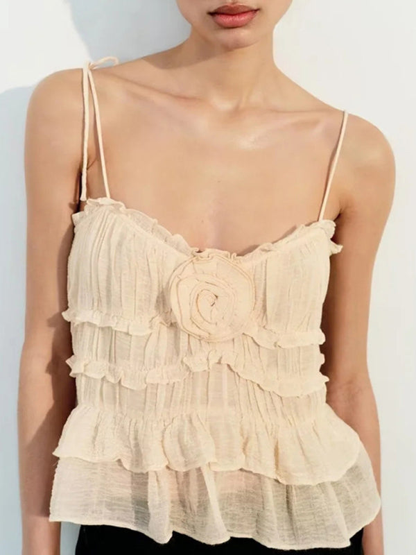 New sweet flower layered decorative small strap ruffled solid color vest