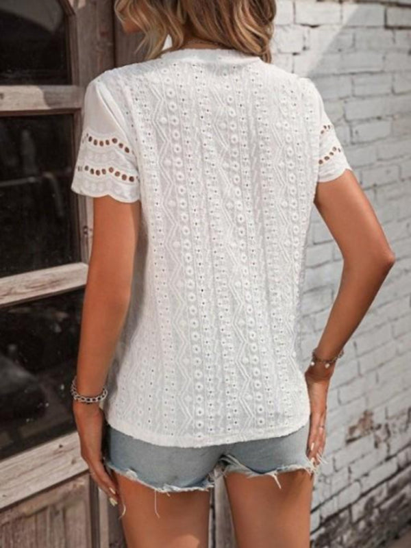 Pleated embroidered eyelets simple solid color V casual short-sleeved shirt
