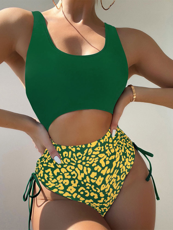 New leopard print U-shaped bikini spa swimsuit sexy strappy one-piece swimsuit