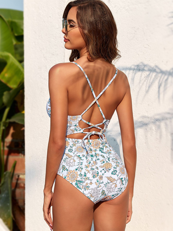 New sexy strappy printed smocked one-piece swimsuit (shawl not included)