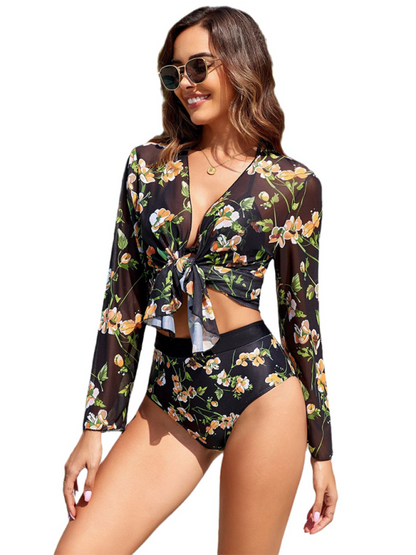 Neues dreiteiliges Bikini-Set mit Schnürung und botanischem Print 