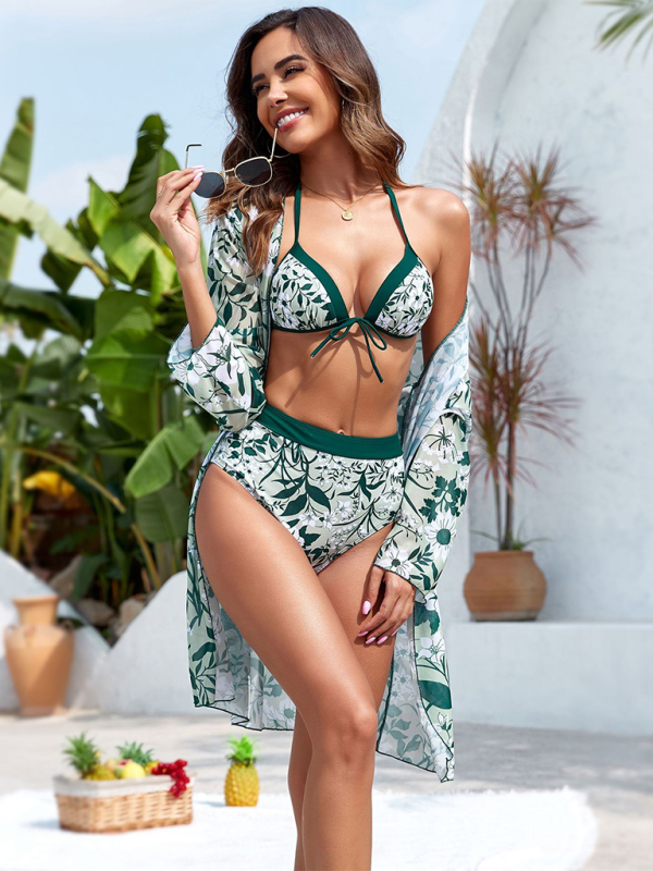 Neues dreiteiliges Bikini-Set mit Schnürung und botanischem Print 