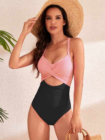New sexy hollow solid color high waist one-piece swimsuit