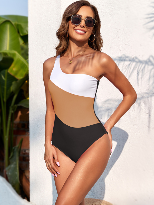 New sexy color block one-shoulder one-piece swimsuit