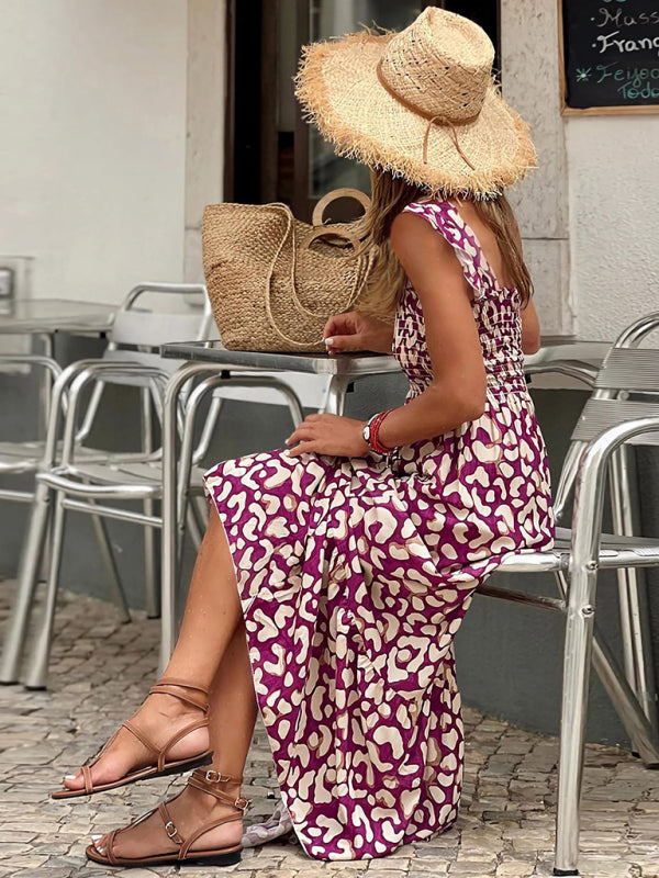 Eleganter, bedruckter, elastischer Hosenträgerrock für Damen im Urlaubsstil, langes Hosenträgerkleid mit französischem Blumenmuster 