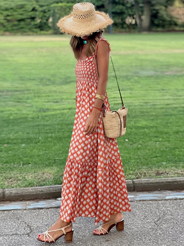 Eleganter, bedruckter, elastischer Hosenträgerrock für Damen im Urlaubsstil, langes Hosenträgerkleid mit französischem Blumenmuster 