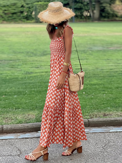 Eleganter, bedruckter, elastischer Hosenträgerrock für Damen im Urlaubsstil, langes Hosenträgerkleid mit französischem Blumenmuster 