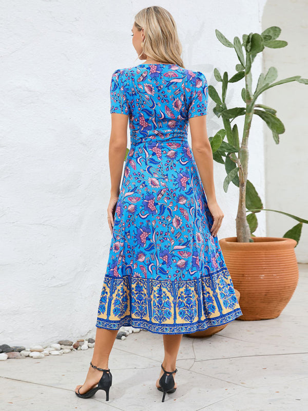 Sexy short-sleeved V-neck dress, bohemian beach retro floral skirt