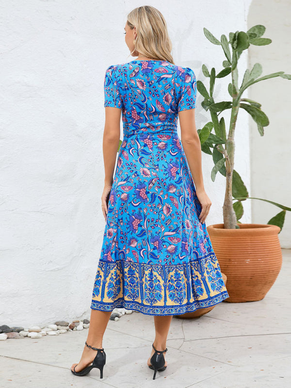 Sexy kurzärmliges V-Ausschnitt-Kleid, Bohemian-Strandrock im Retro-Blumenstil 