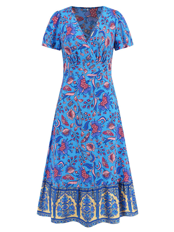 Sexy kurzärmliges V-Ausschnitt-Kleid, Bohemian-Strandrock im Retro-Blumenstil 