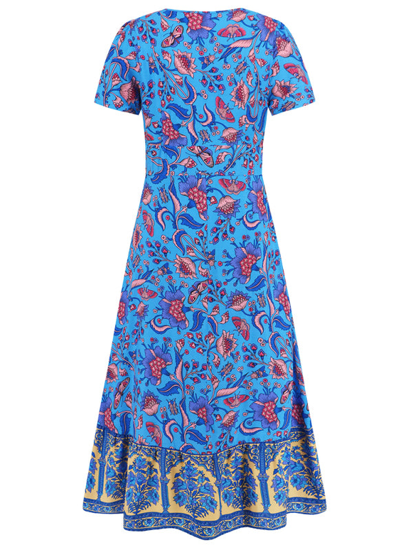 Sexy kurzärmliges V-Ausschnitt-Kleid, Bohemian-Strandrock im Retro-Blumenstil 