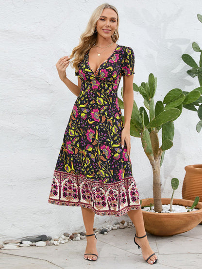 Sexy short-sleeved V-neck dress, bohemian beach retro floral skirt