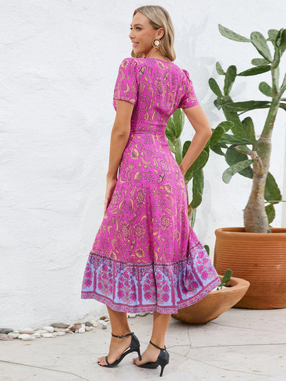 Sexy kurzärmliges V-Ausschnitt-Kleid, Bohemian-Strandrock im Retro-Blumenstil 