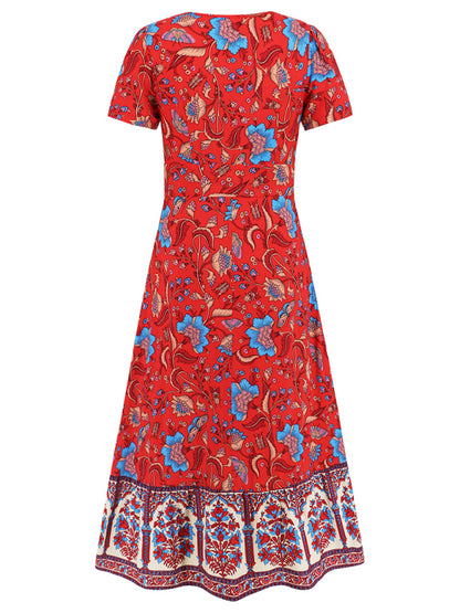 Sexy kurzärmliges V-Ausschnitt-Kleid, Bohemian-Strandrock im Retro-Blumenstil 