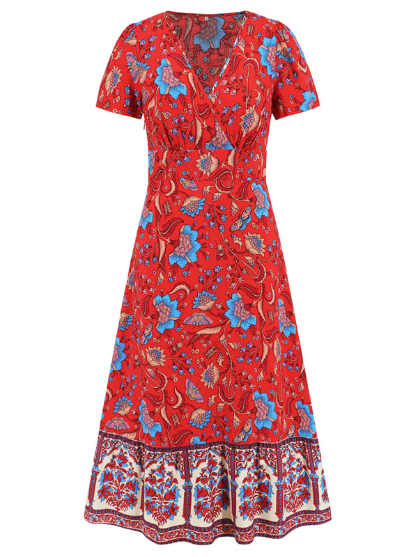 Sexy kurzärmliges V-Ausschnitt-Kleid, Bohemian-Strandrock im Retro-Blumenstil 