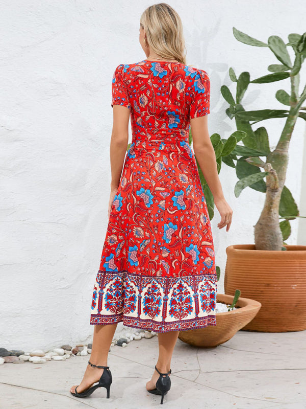 Sexy short-sleeved V-neck dress, bohemian beach retro floral skirt